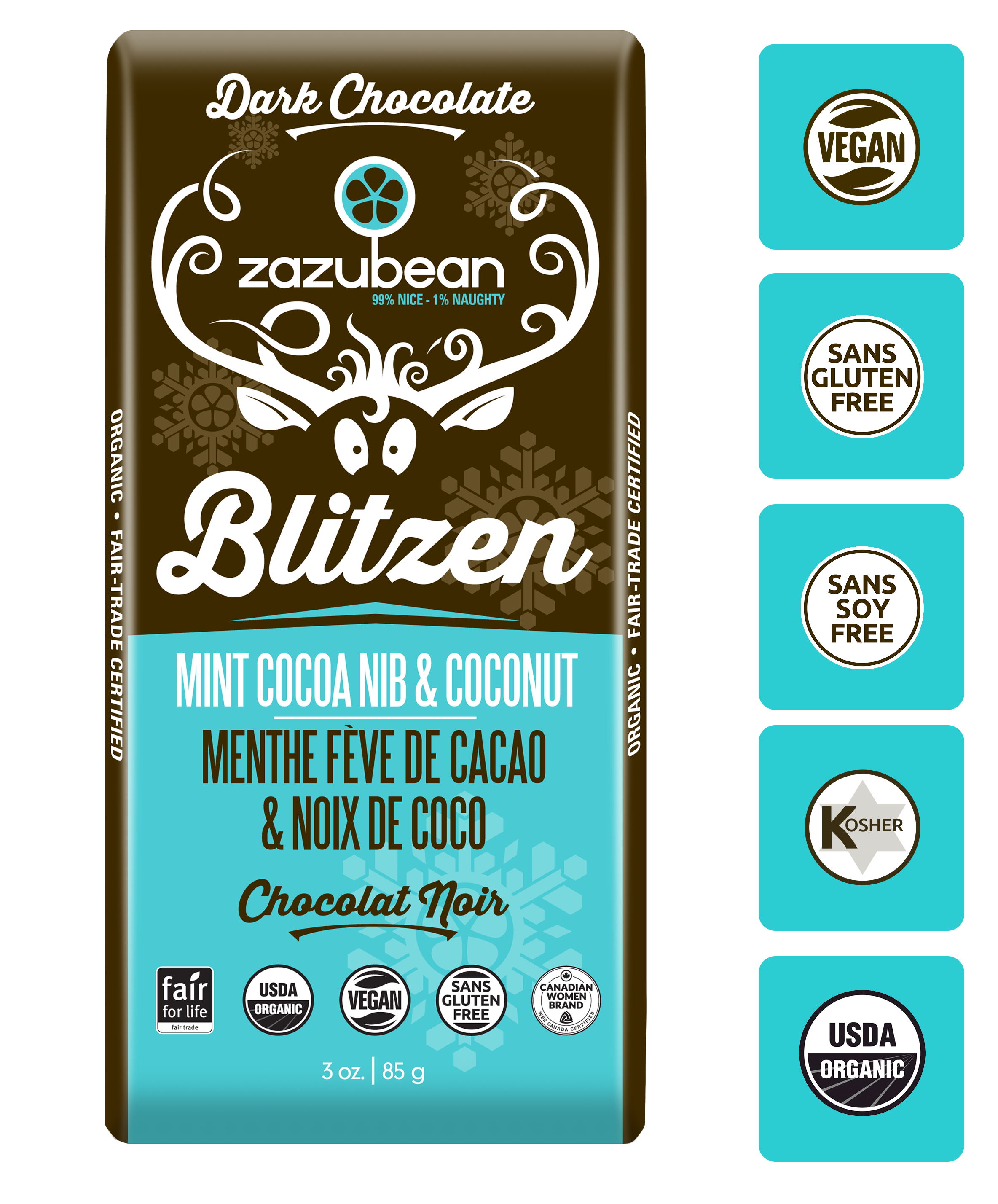 BLITZEN Mint Cocoa Nib & Coconut (85g) – Zazubean Organic Chocolates
