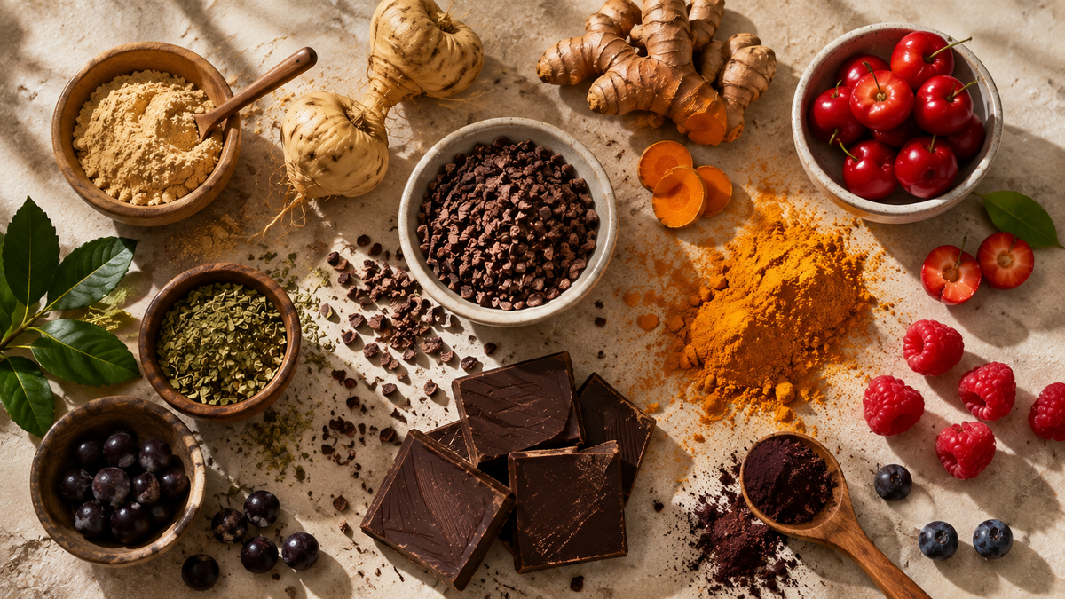 Superfood ingredients including maca, acai, yerba mate, turmeric, acerola, cacao nibs and dark chocolate