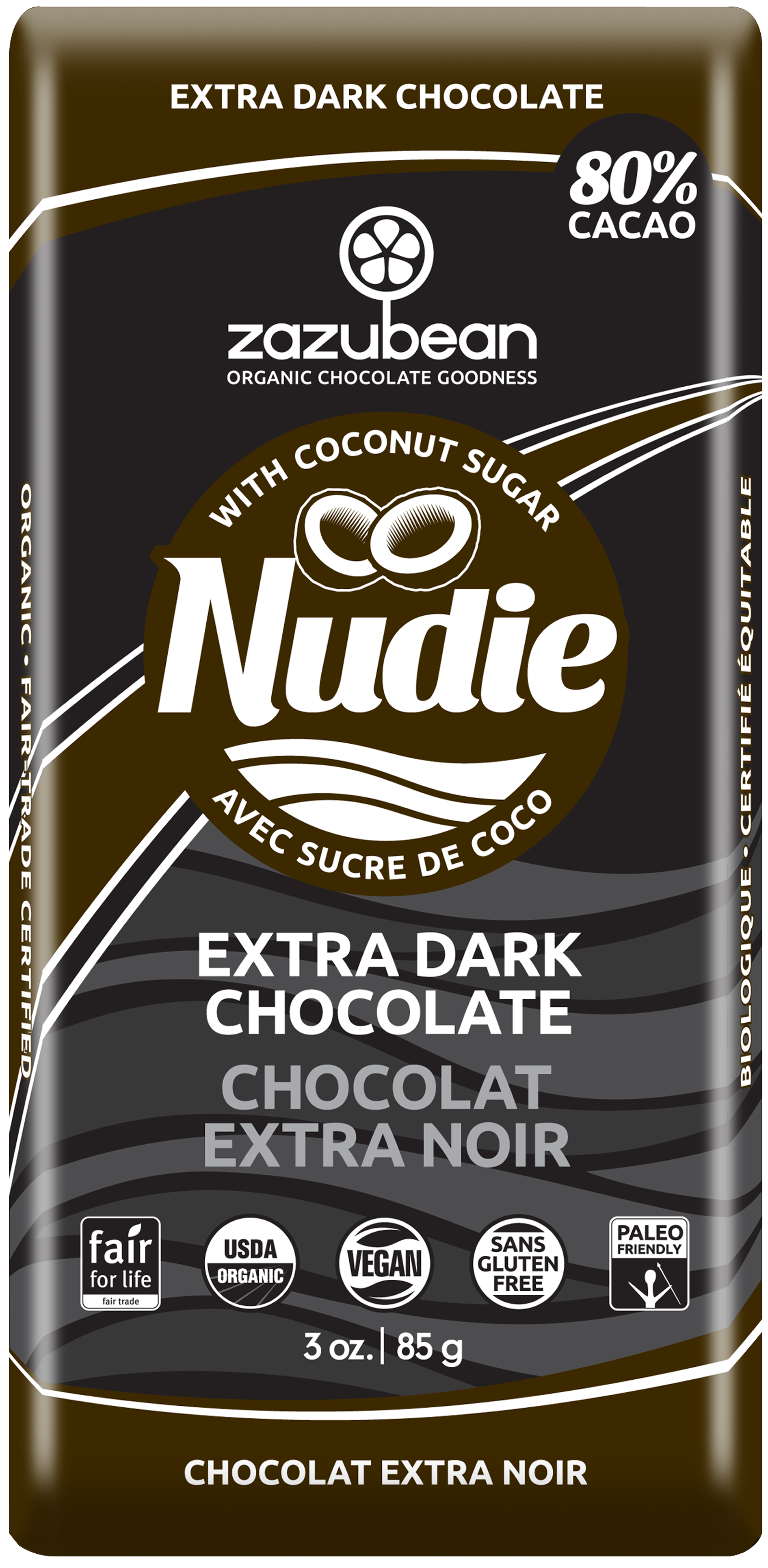 Nudie Extra Dark Chocolate packaging with coconut sugar on a white background